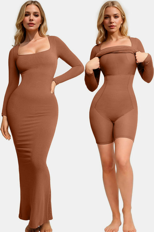 Basic Bae Built-In Shapewear Square Neck Long Sleeve Maxi Dress - Folded Express