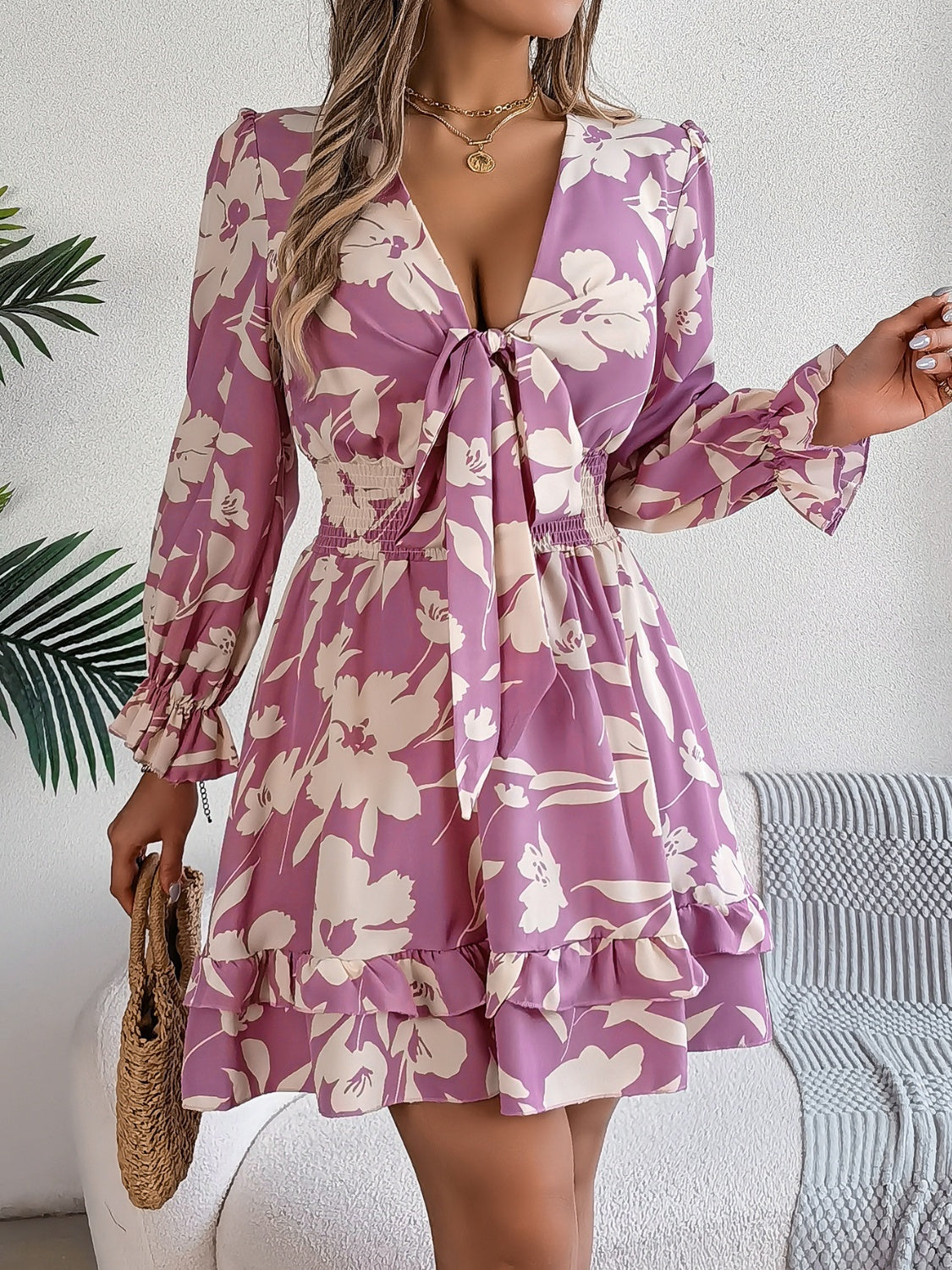 Tied Ruffled Printed Long Sleeve Dress - Folded Express