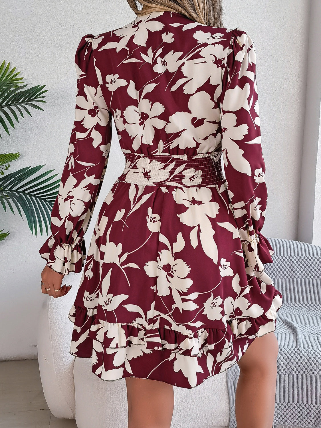 Tied Ruffled Printed Long Sleeve Dress - Folded Express