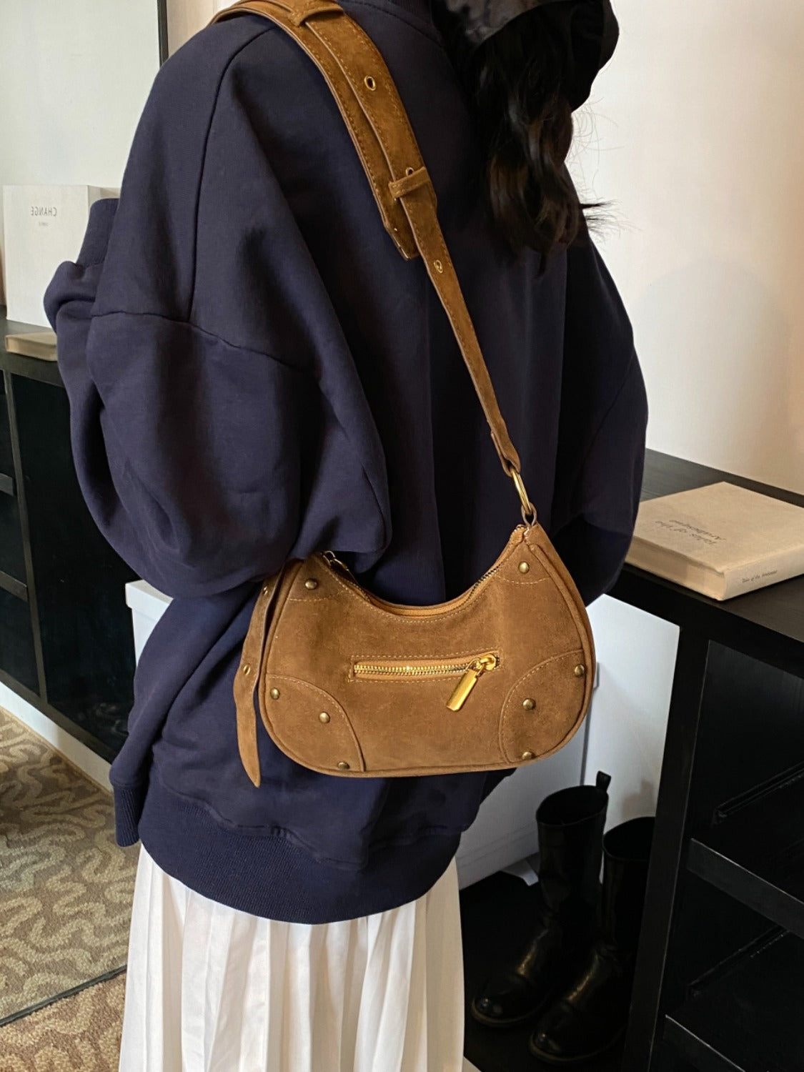 Suede Adjustable Strap Shoulder Bag - Folded Express