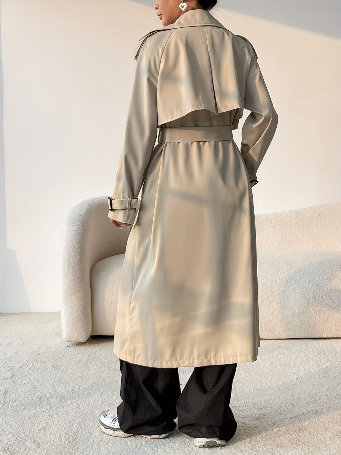 Collared Neck Long Sleeve Longline Trench Coat - Folded Express