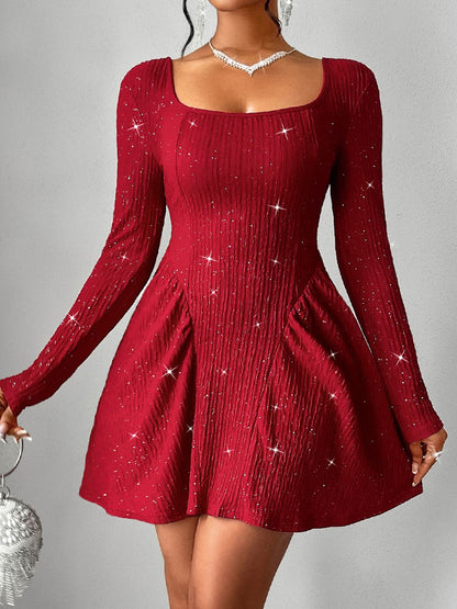 Backless Glitter Square Neck Long Sleeve Mini Dress - Folded Express