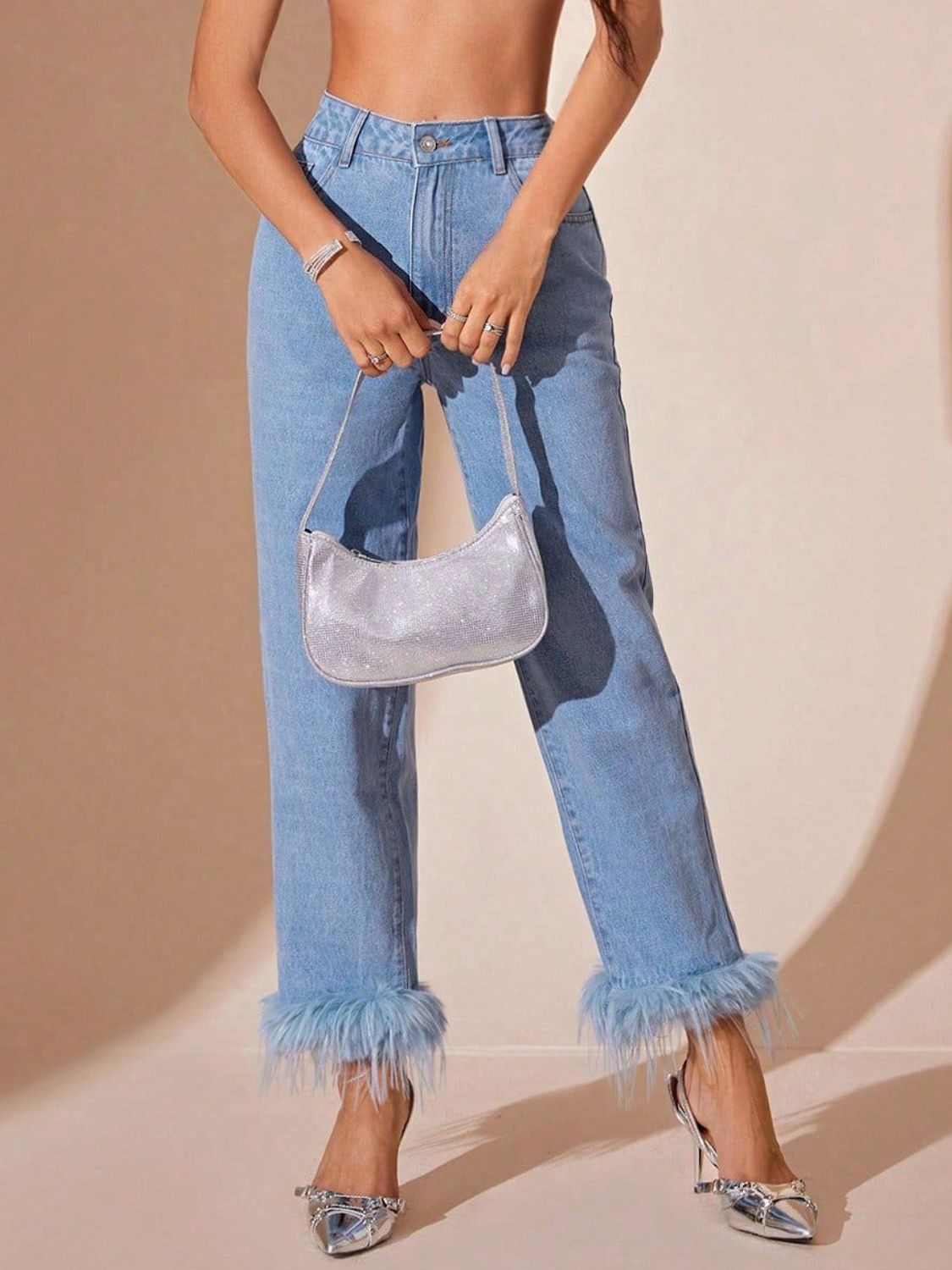 Plush Hem High Rise Straight Jeans - Folded Express