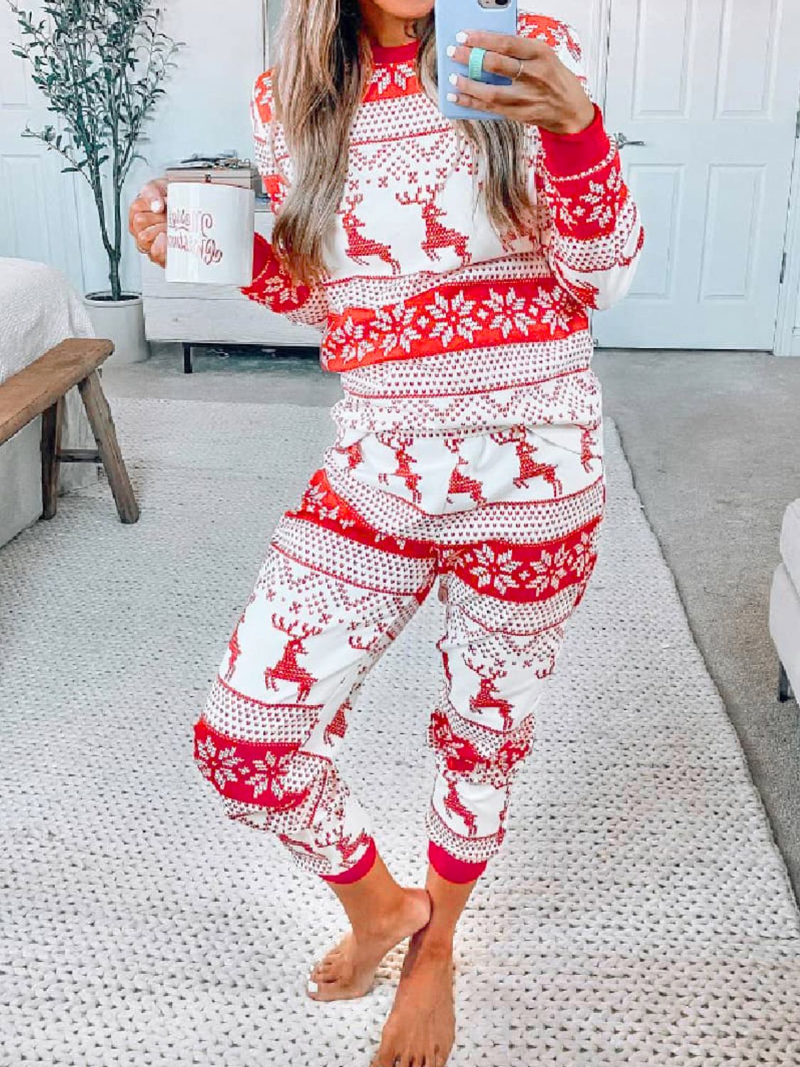 Full Size Christmas Element Round Neck Top and Pants Set - Folded Express