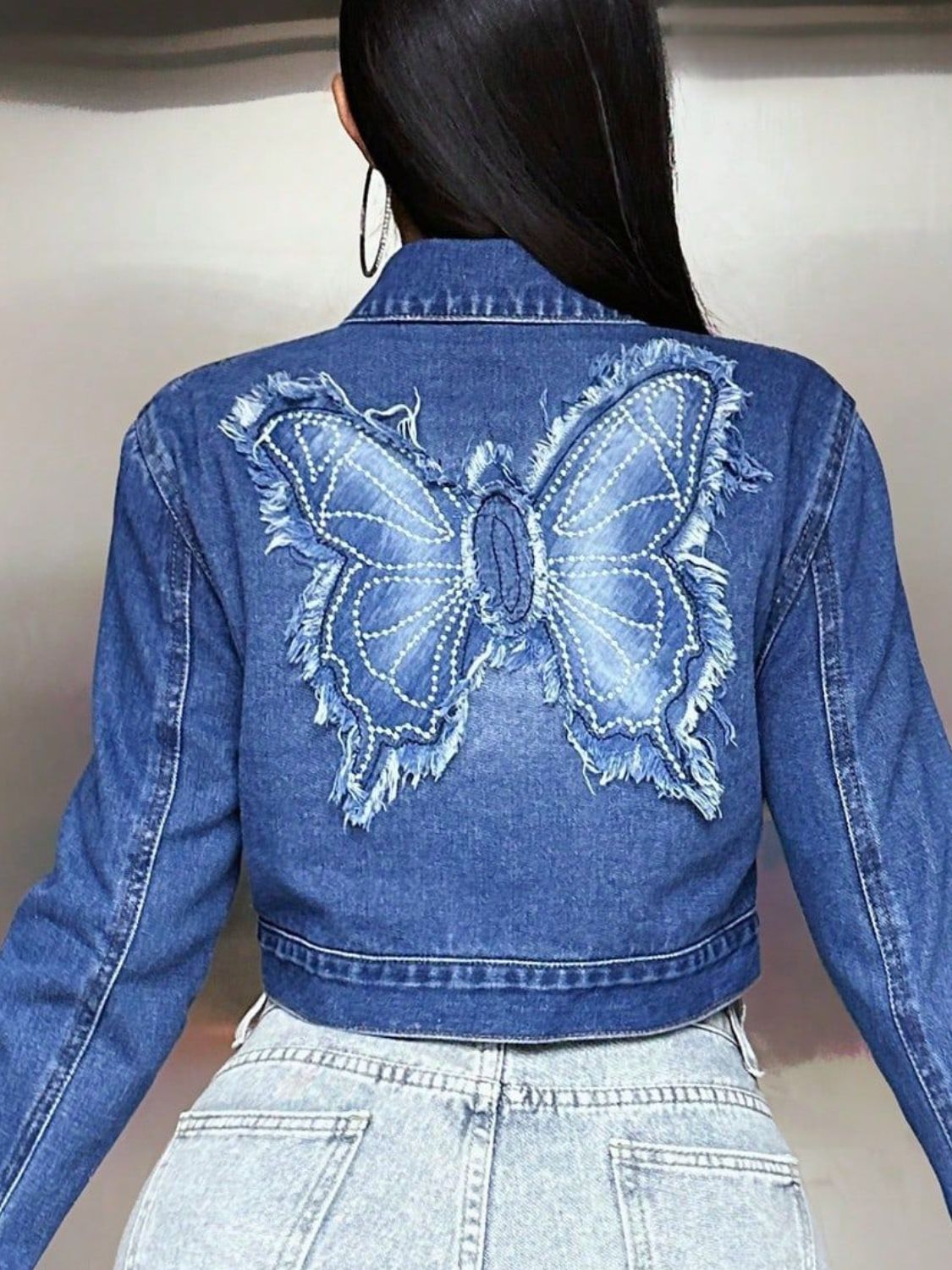 Butterfly Patch Long Sleeve Cropped Denim Top - Folded Express