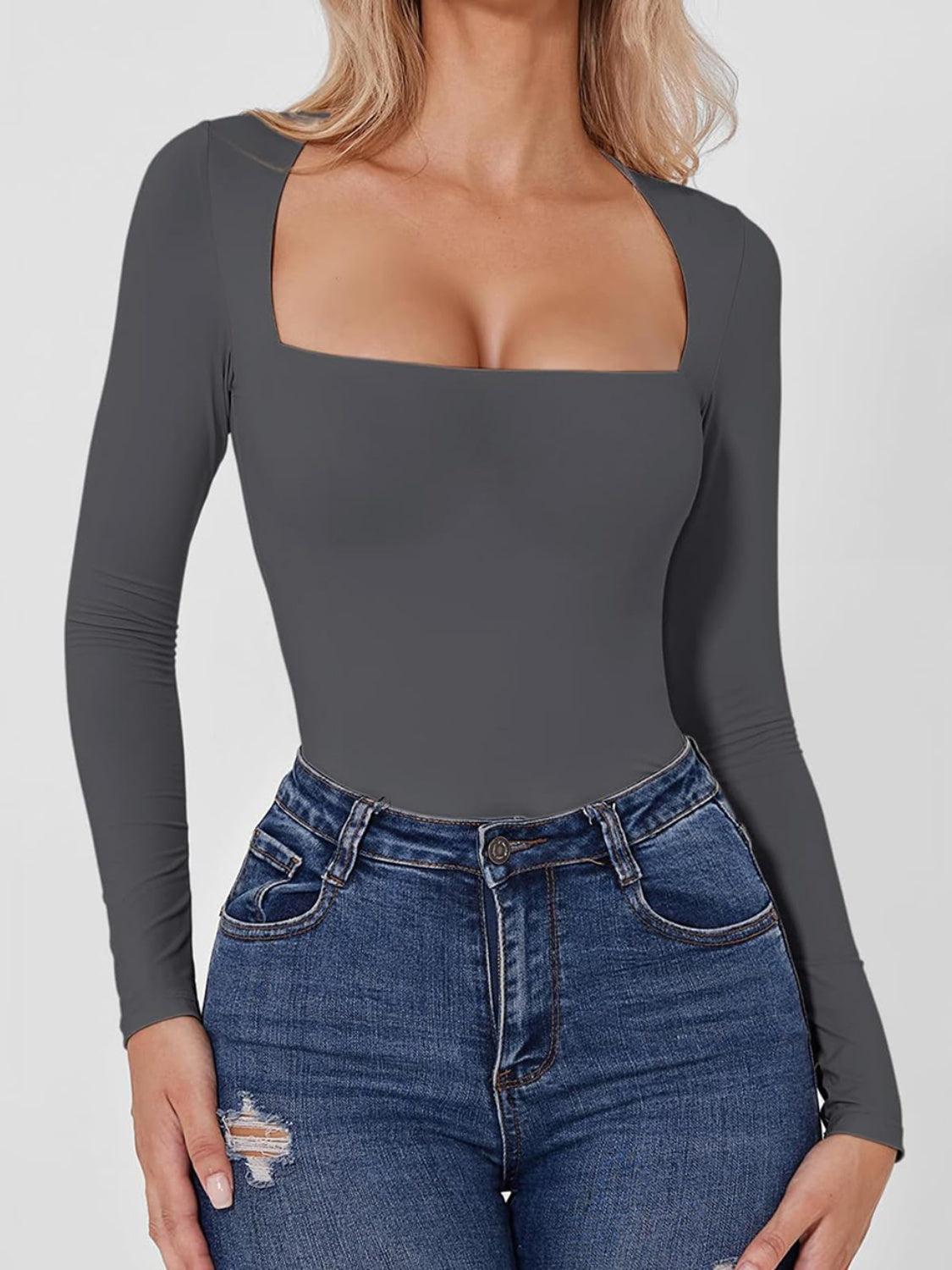 Square Neck Long Sleeve Bodysuit - Folded Express