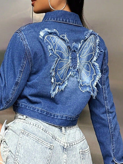 Butterfly Patch Long Sleeve Cropped Denim Top - Folded Express