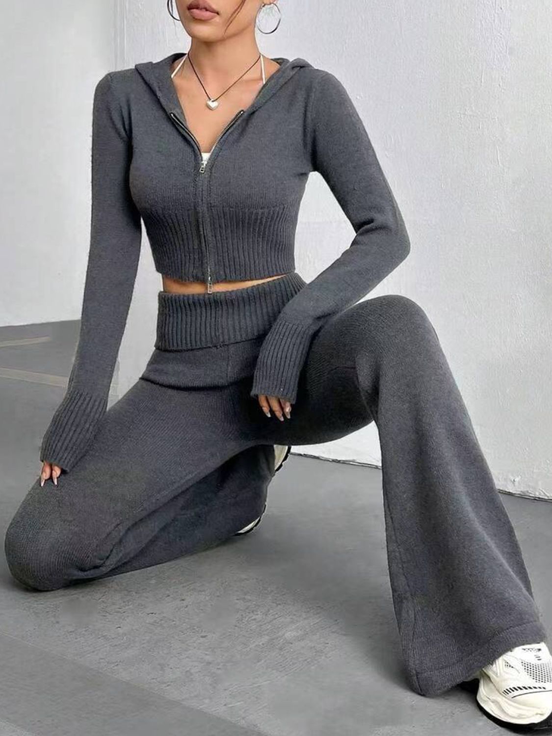 Zip Up Hooded Top and Flare Pants Sweater Set - Folded Express