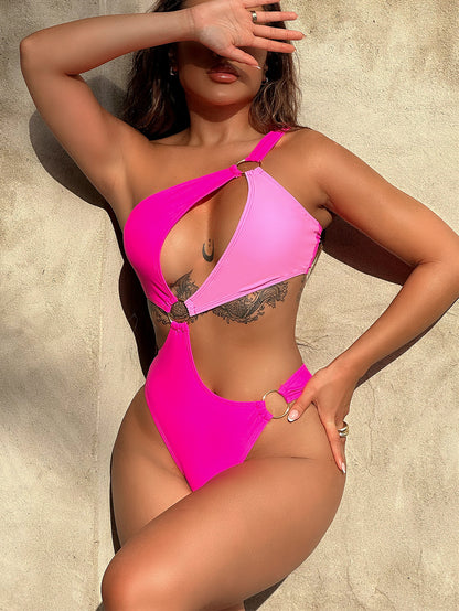 One-Shoulder Cutout Ring Detail One-Piece Swimsuit - Folded Express