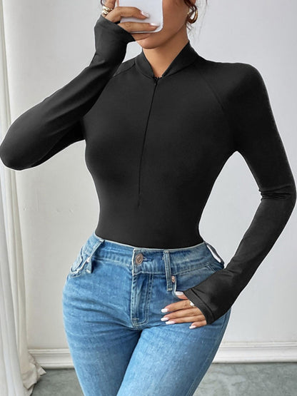 Perfee Half Zip Long Sleeve Bodysuit - Folded Express