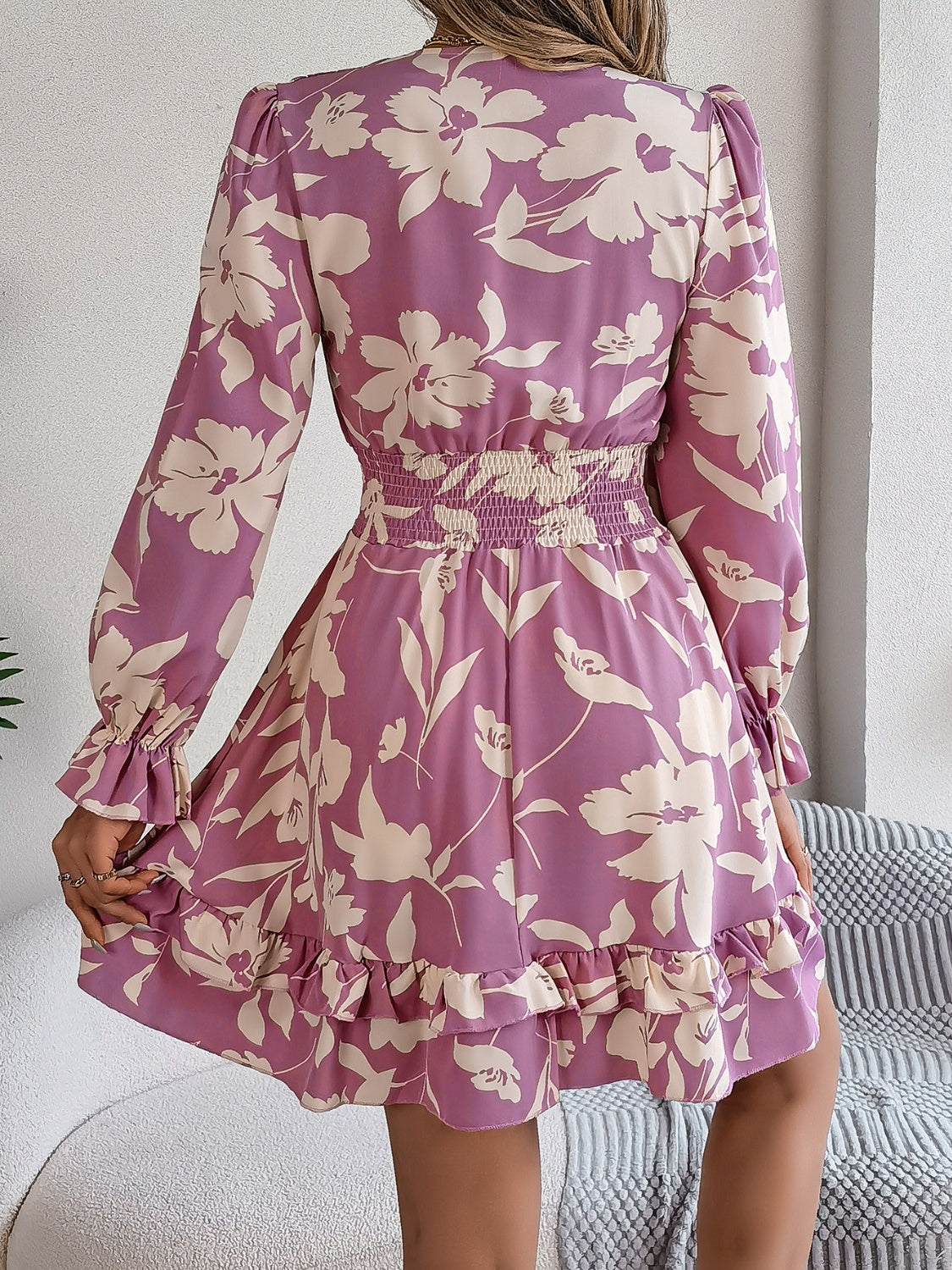 Tied Ruffled Printed Long Sleeve Dress - Folded Express