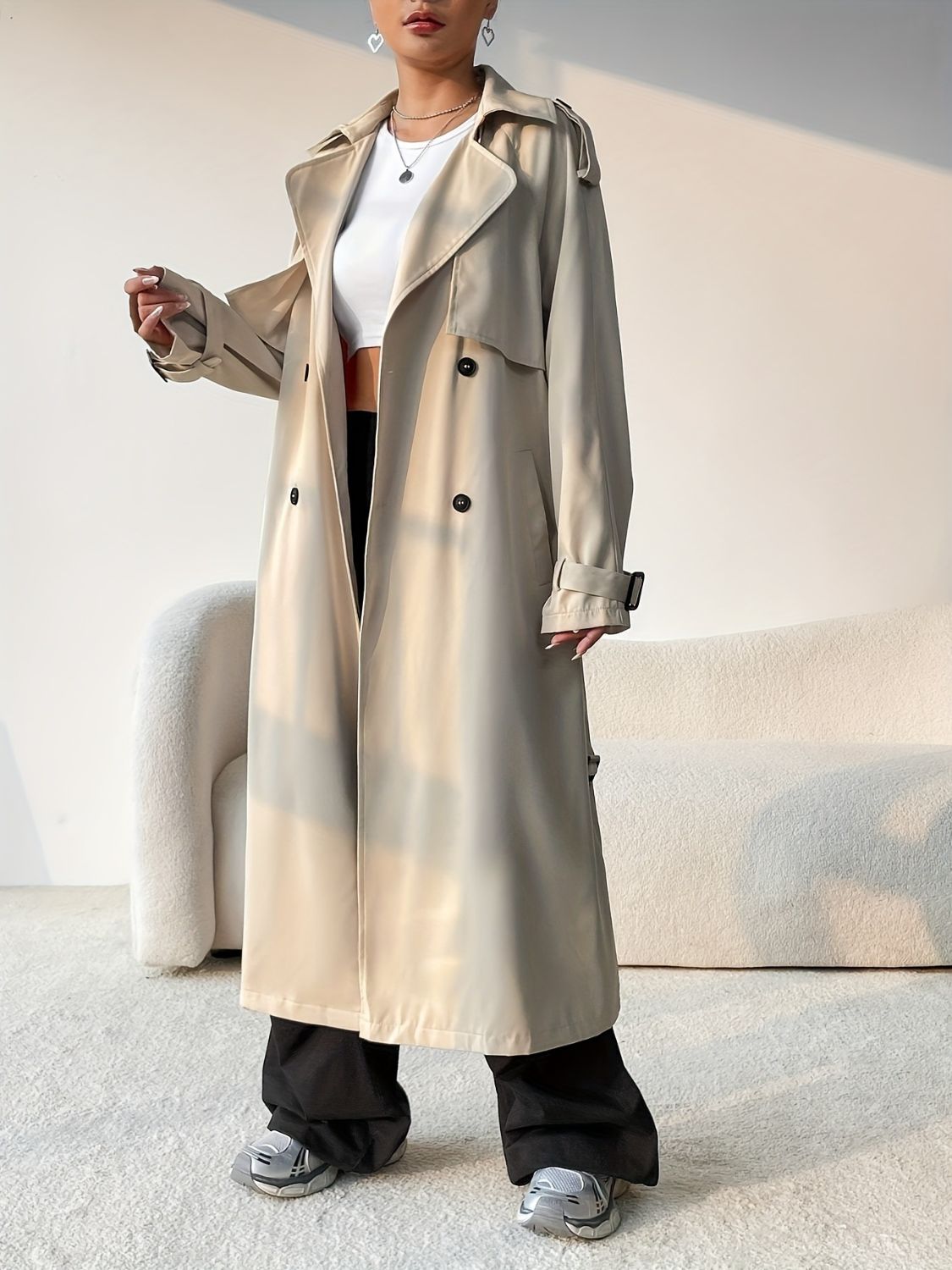 Collared Neck Long Sleeve Longline Trench Coat - Folded Express