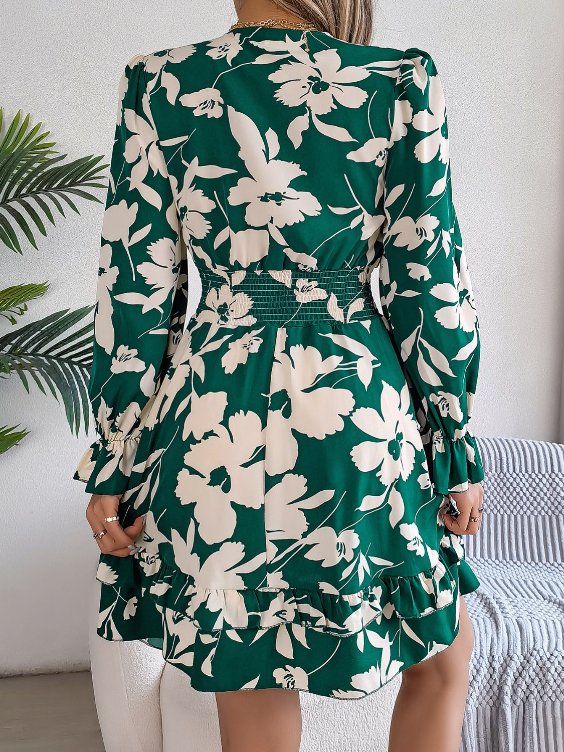 Tied Ruffled Printed Long Sleeve Dress - Folded Express