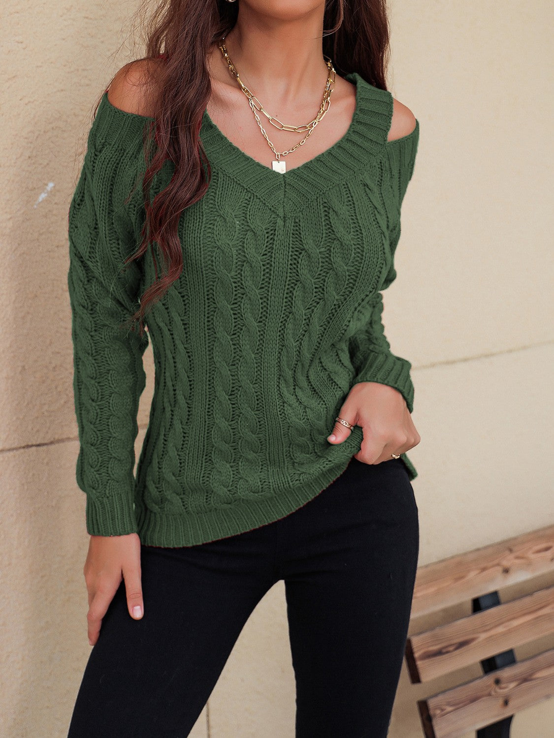 Honey Cable-Knit V-Neck Cold Shoulder Sweater - Folded Express