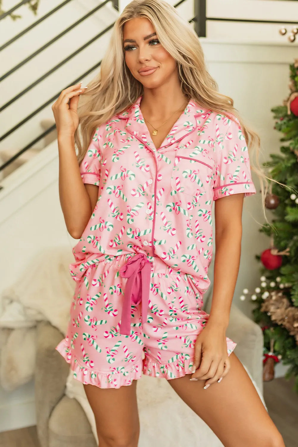 Candy Cane Collared Neck Top and Shorts Lounge Set - Folded Express