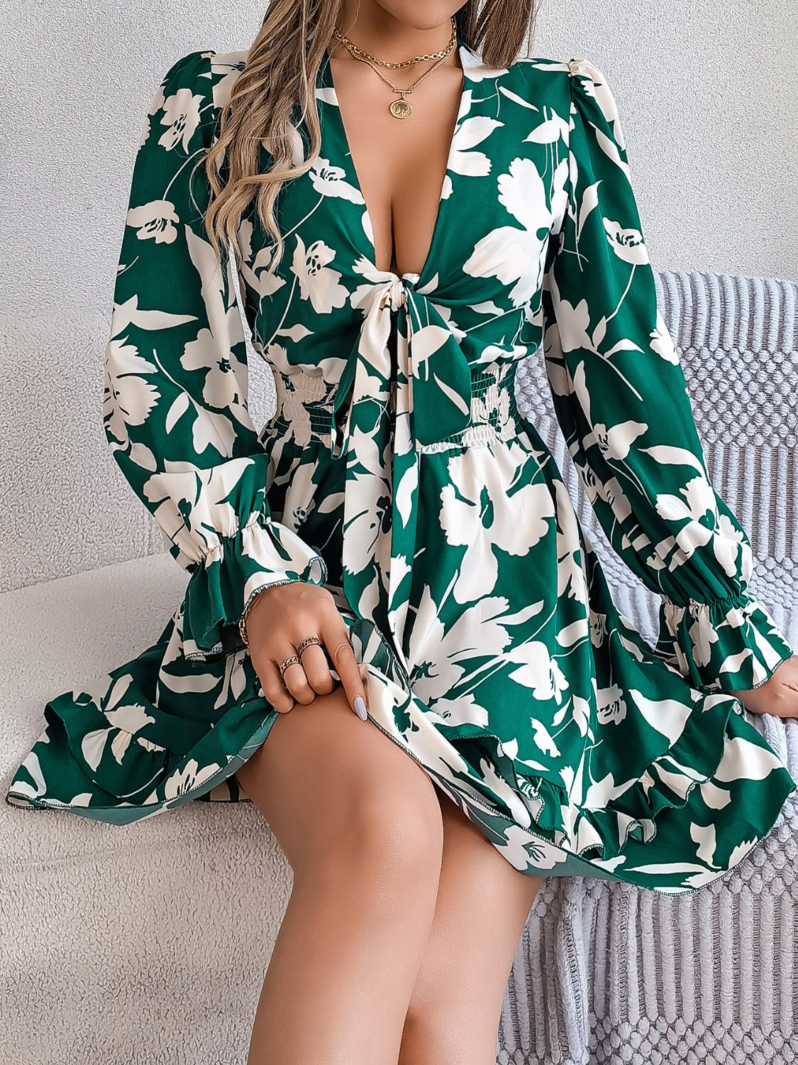 Tied Ruffled Printed Long Sleeve Dress - Folded Express