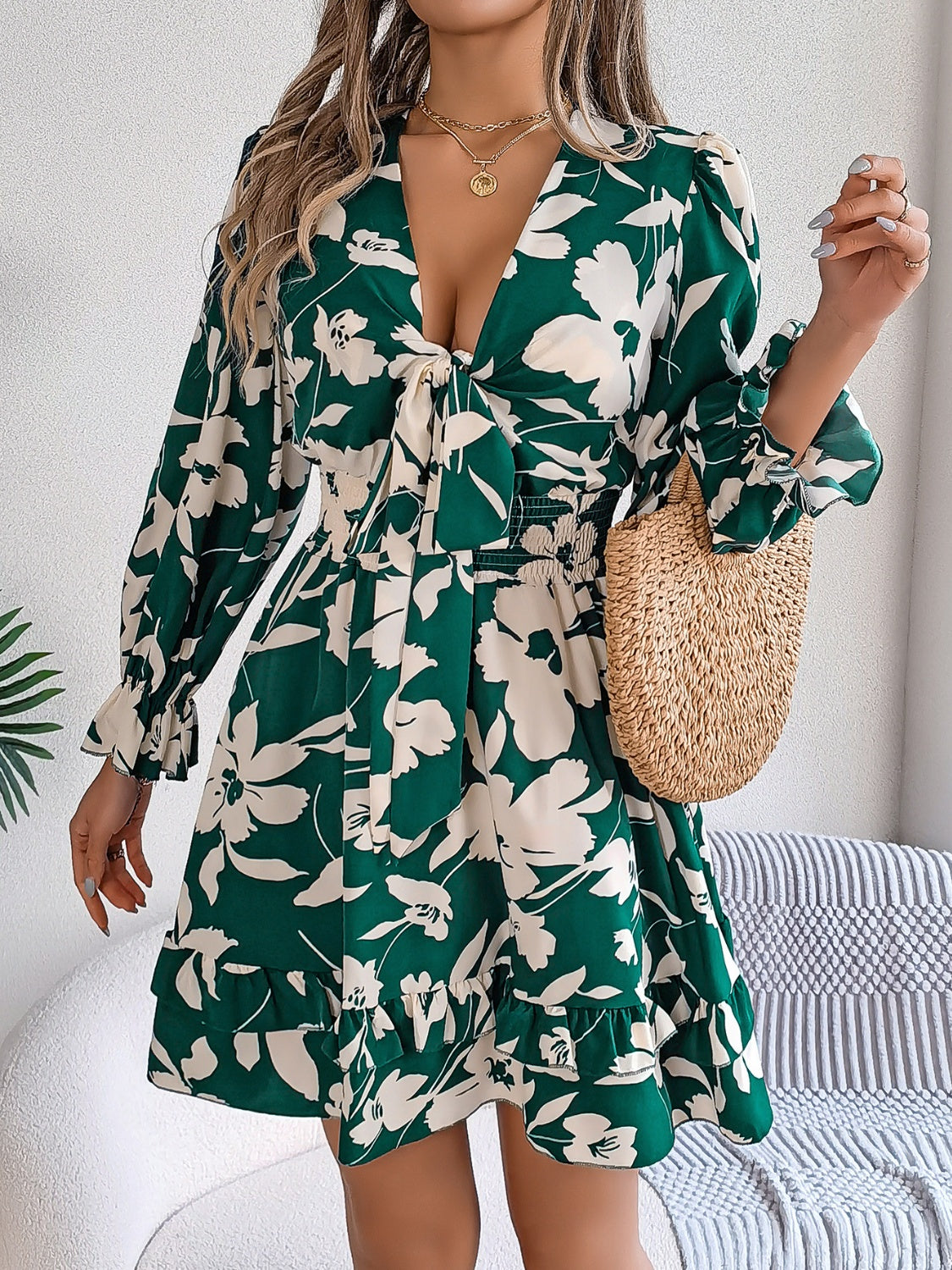 Tied Ruffled Printed Long Sleeve Dress - Folded Express