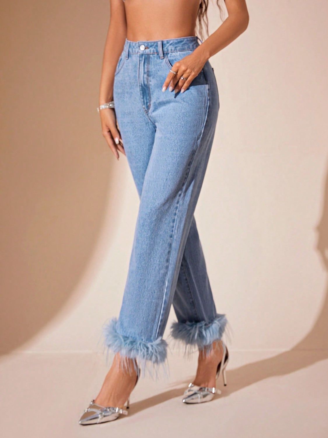 Plush Hem High Rise Straight Jeans - Folded Express