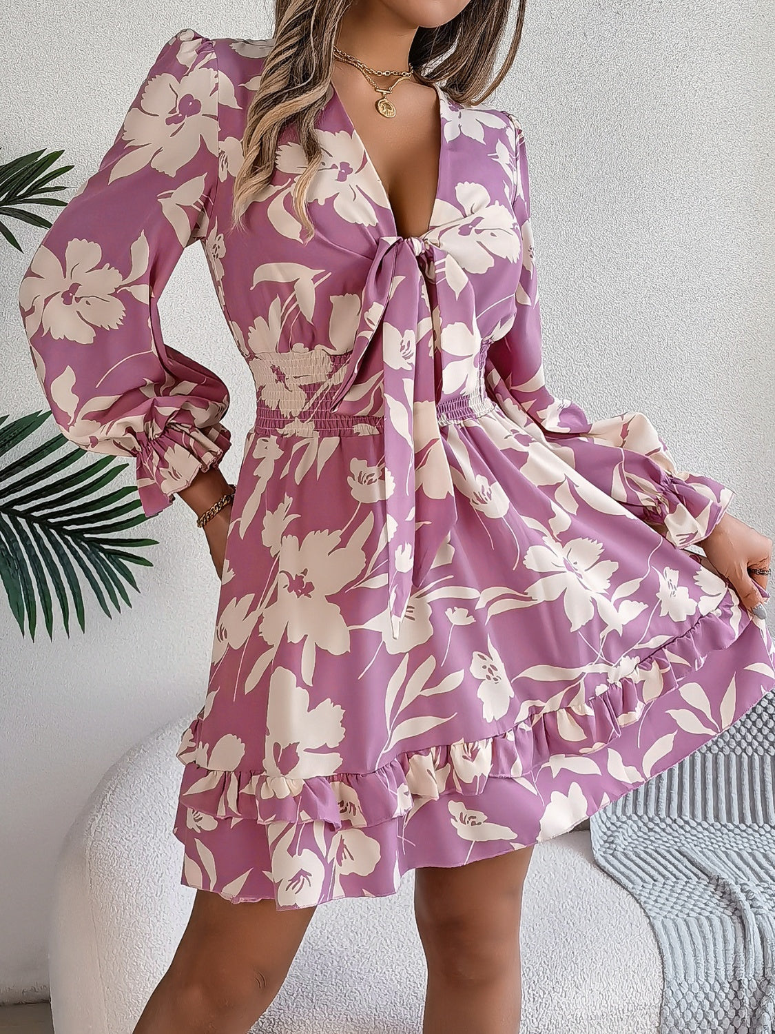 Tied Ruffled Printed Long Sleeve Dress - Folded Express