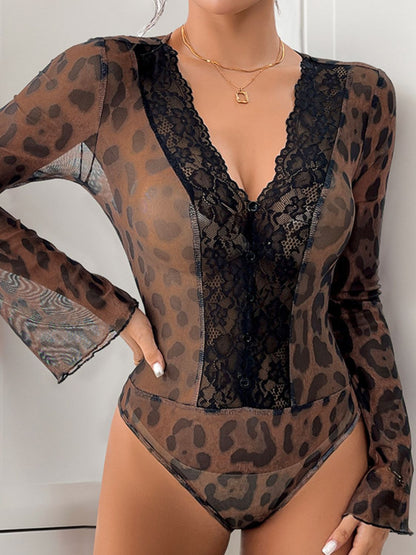 Perfee Leopard V-Neck Lace Bodysuit - Folded Express