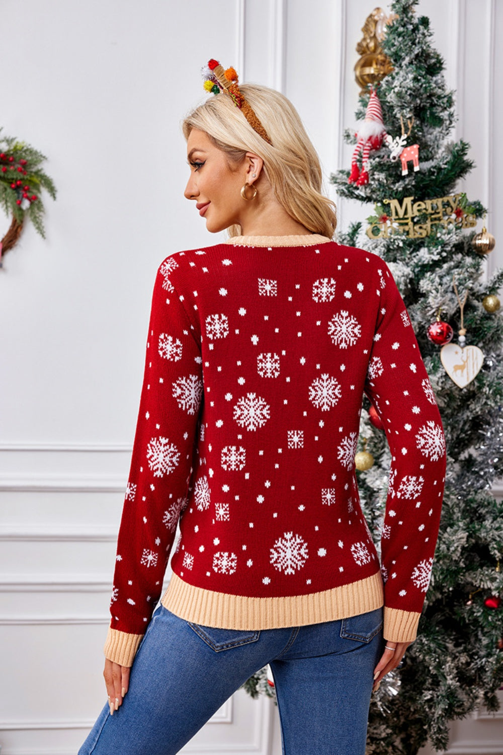 Christmas Pattern Round Neck Long Sleeve Sweater - Folded Express