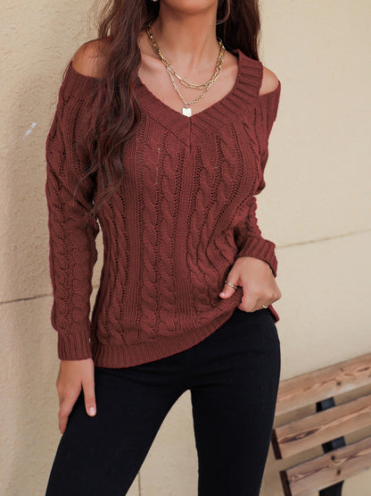 Honey Cable-Knit V-Neck Cold Shoulder Sweater - Folded Express