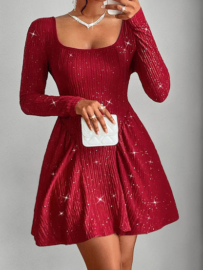 Backless Glitter Square Neck Long Sleeve Mini Dress - Folded Express