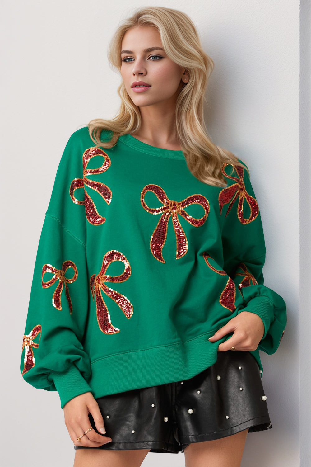 Double Take Christmas Bow Sequin Round Neck Dropped Shoulder Sweatshirt - Folded Express