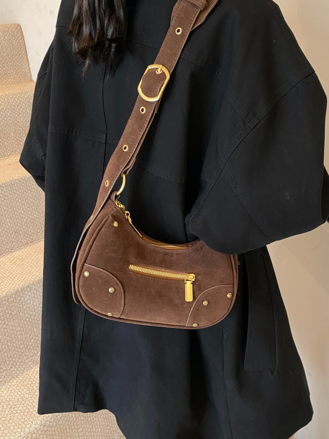 Suede Adjustable Strap Shoulder Bag - Folded Express