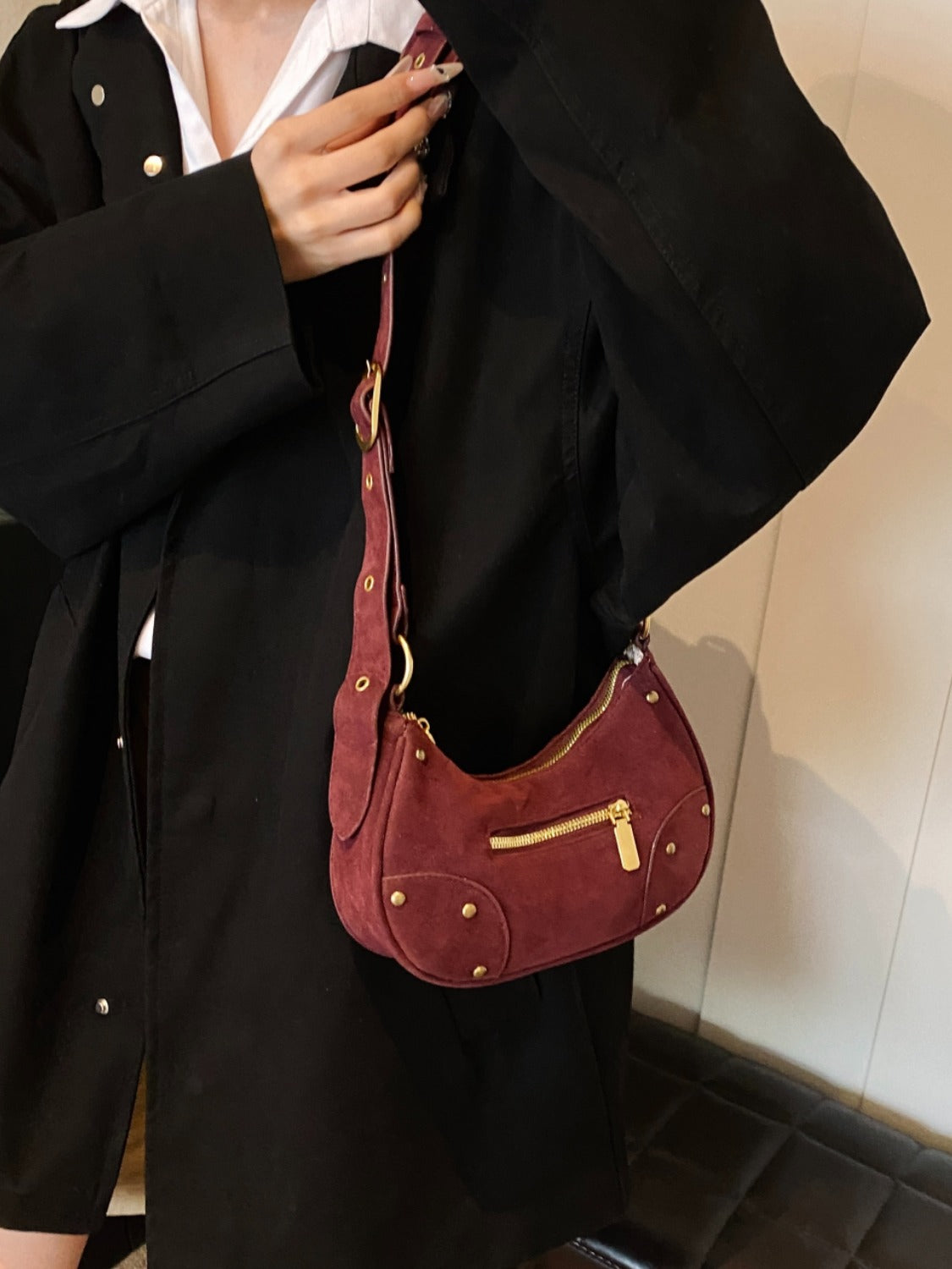 Suede Adjustable Strap Shoulder Bag - Folded Express