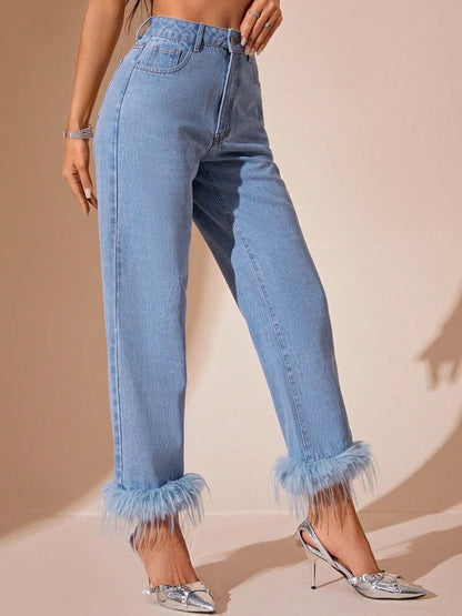 Plush Hem High Rise Straight Jeans - Folded Express