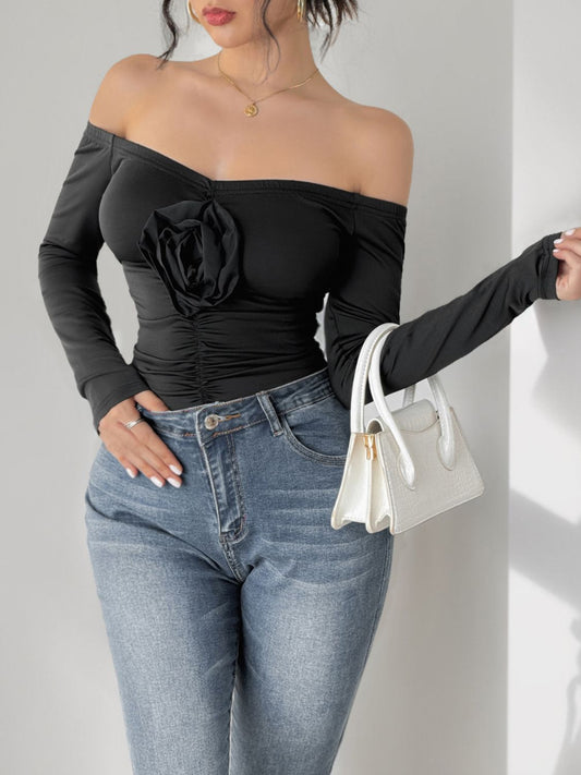 Perfee Ruched Flower Off-Shoulder Long Sleeve Bodysuit - Folded Express