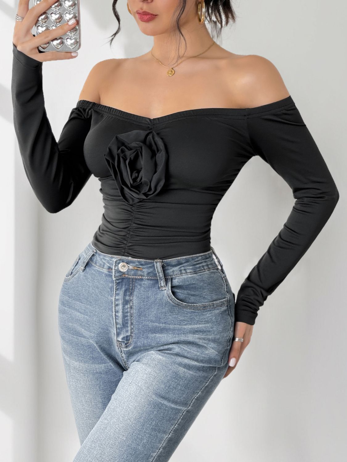 Perfee Ruched Flower Off-Shoulder Long Sleeve Bodysuit - Folded Express