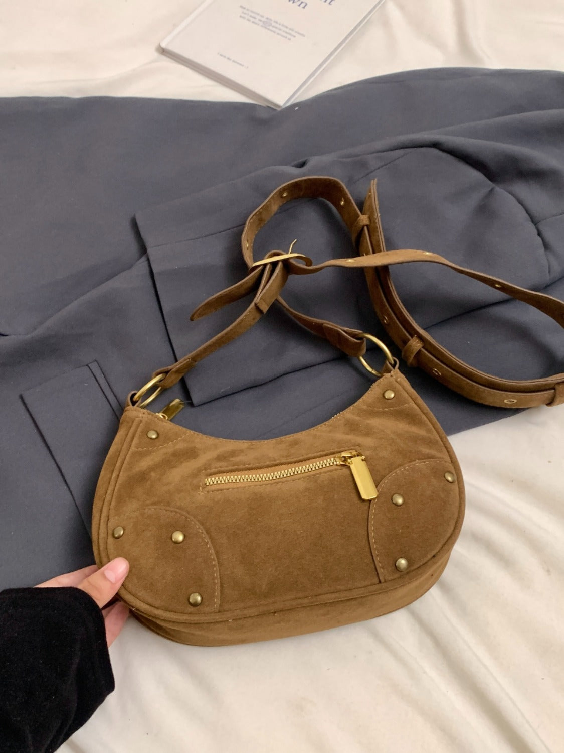 Suede Adjustable Strap Shoulder Bag - Folded Express