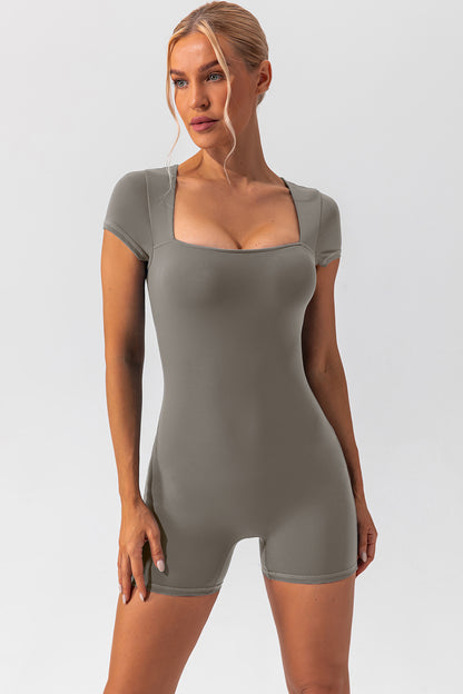 Square Neck Cap Sleeve Active Romper - Folded Express