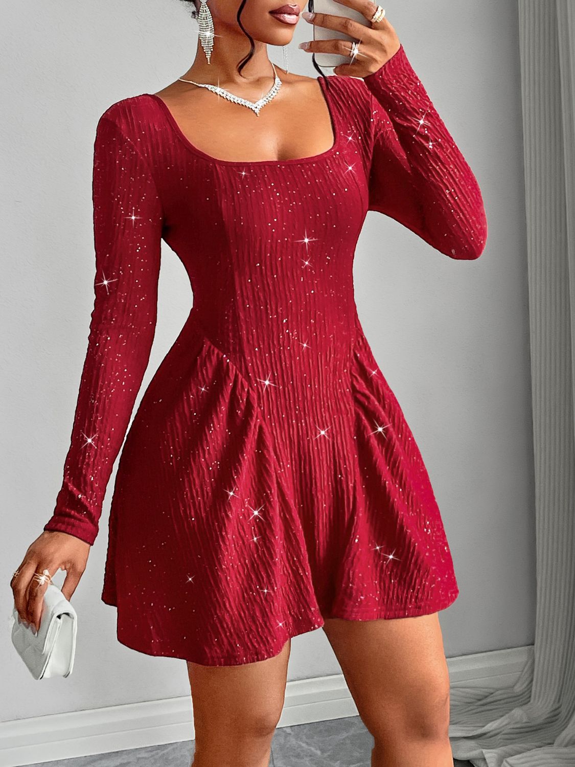 Backless Glitter Square Neck Long Sleeve Mini Dress - Folded Express