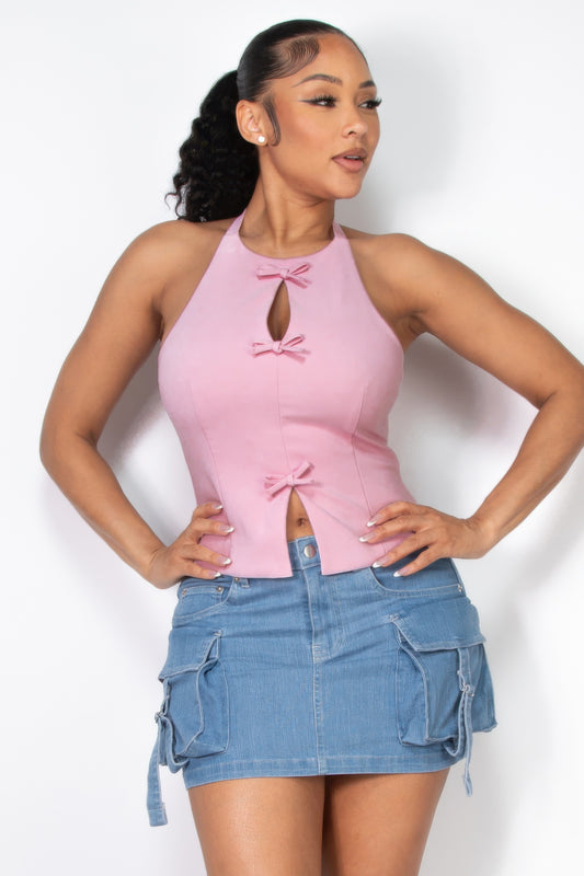 Halter ribbon open-back crop top - Folded Express