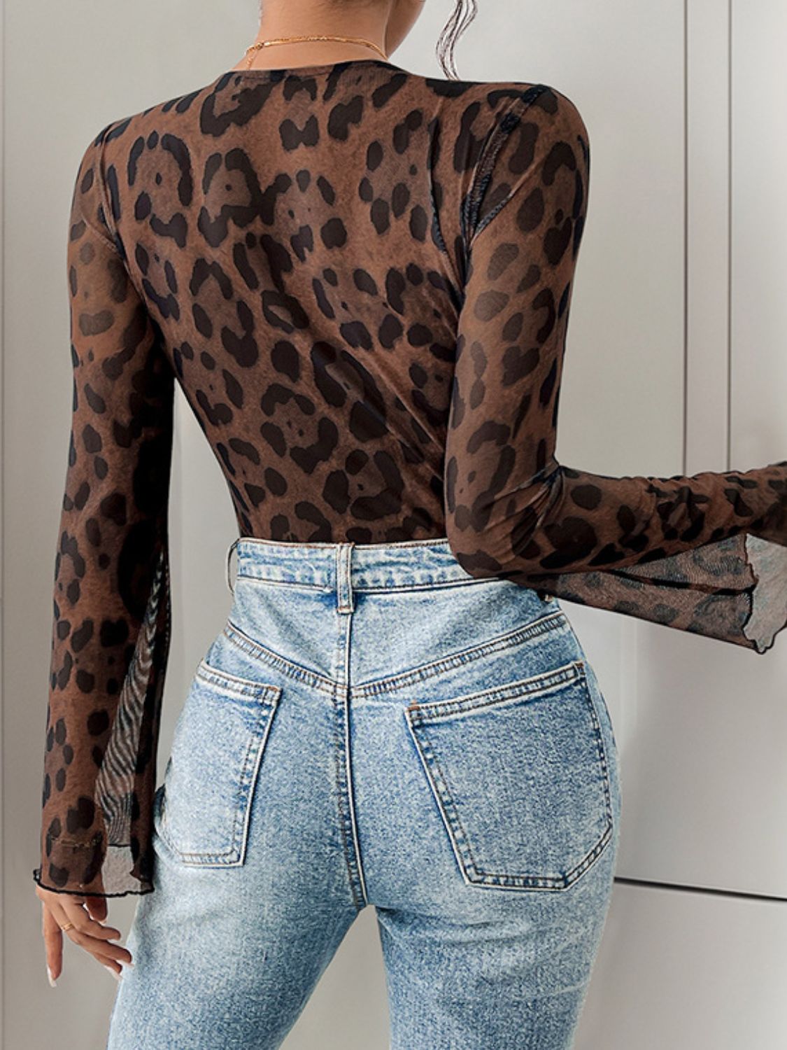 Perfee Leopard V-Neck Lace Bodysuit - Folded Express