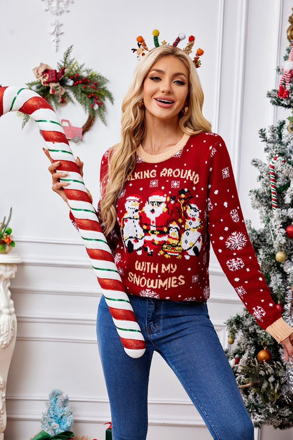 Christmas Pattern Round Neck Long Sleeve Sweater - Folded Express