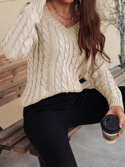 Honey Cable-Knit V-Neck Cold Shoulder Sweater - Folded Express