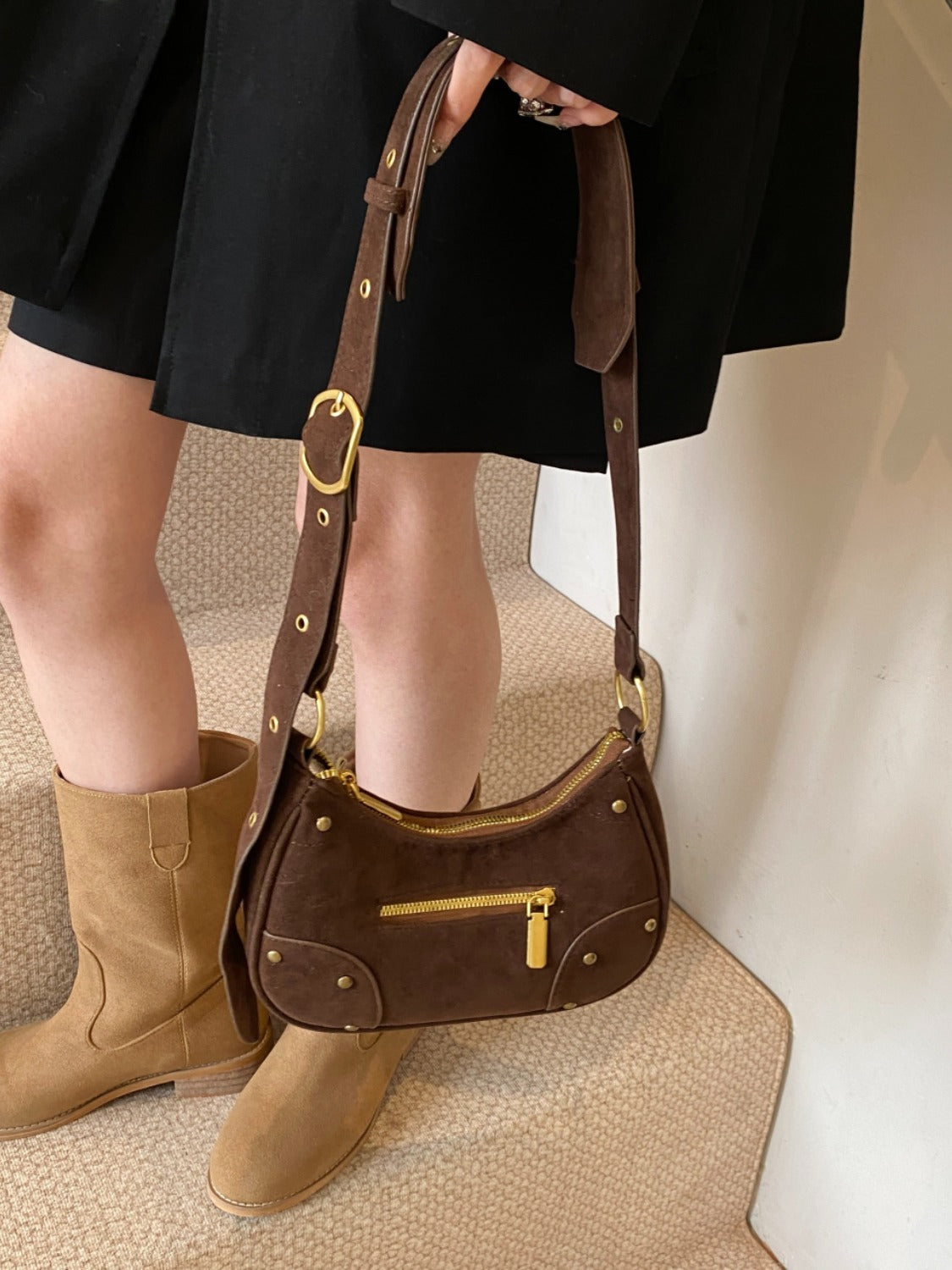 Suede Adjustable Strap Shoulder Bag - Folded Express