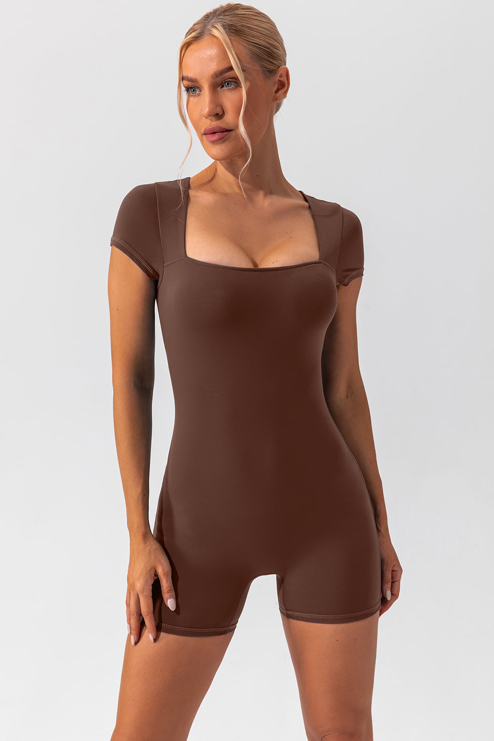 Square Neck Cap Sleeve Active Romper - Folded Express