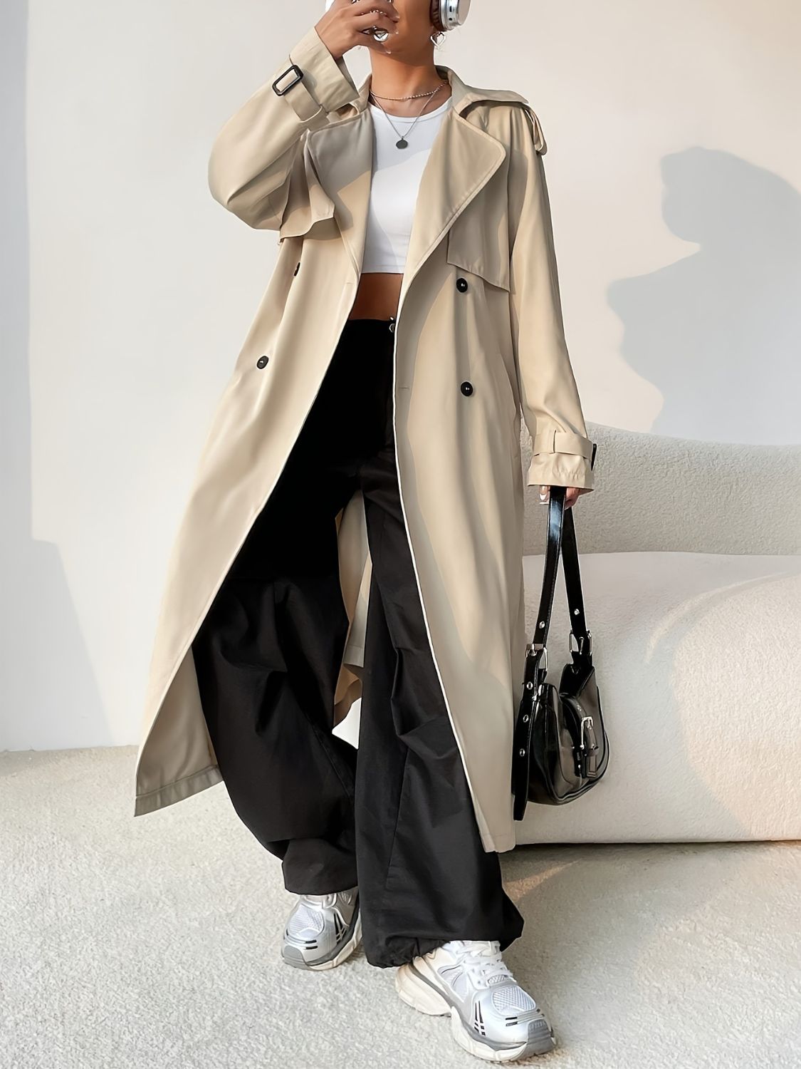 Collared Neck Long Sleeve Longline Trench Coat - Folded Express