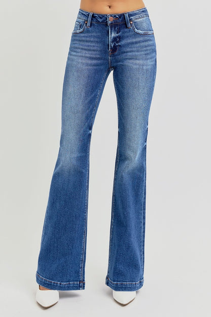 RISEN Full Size Low Rise Flare Jeans with Pockets - Folded Express