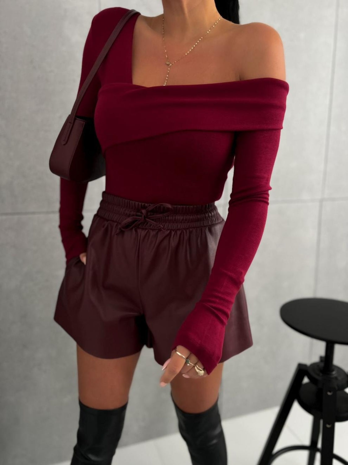 Asymmetrical Single Shoulder Long Sleeve T-Shirt - Folded Express