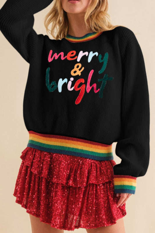 MERRY & BRIGHT Ribbed Round Neck Sweater - Folded Express