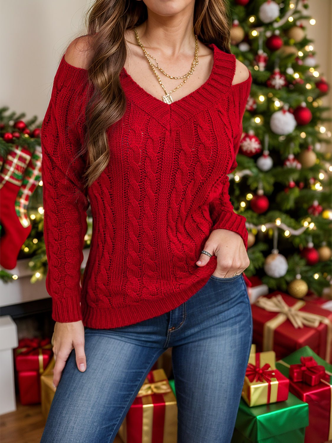 Honey Cable-Knit V-Neck Cold Shoulder Sweater - Folded Express