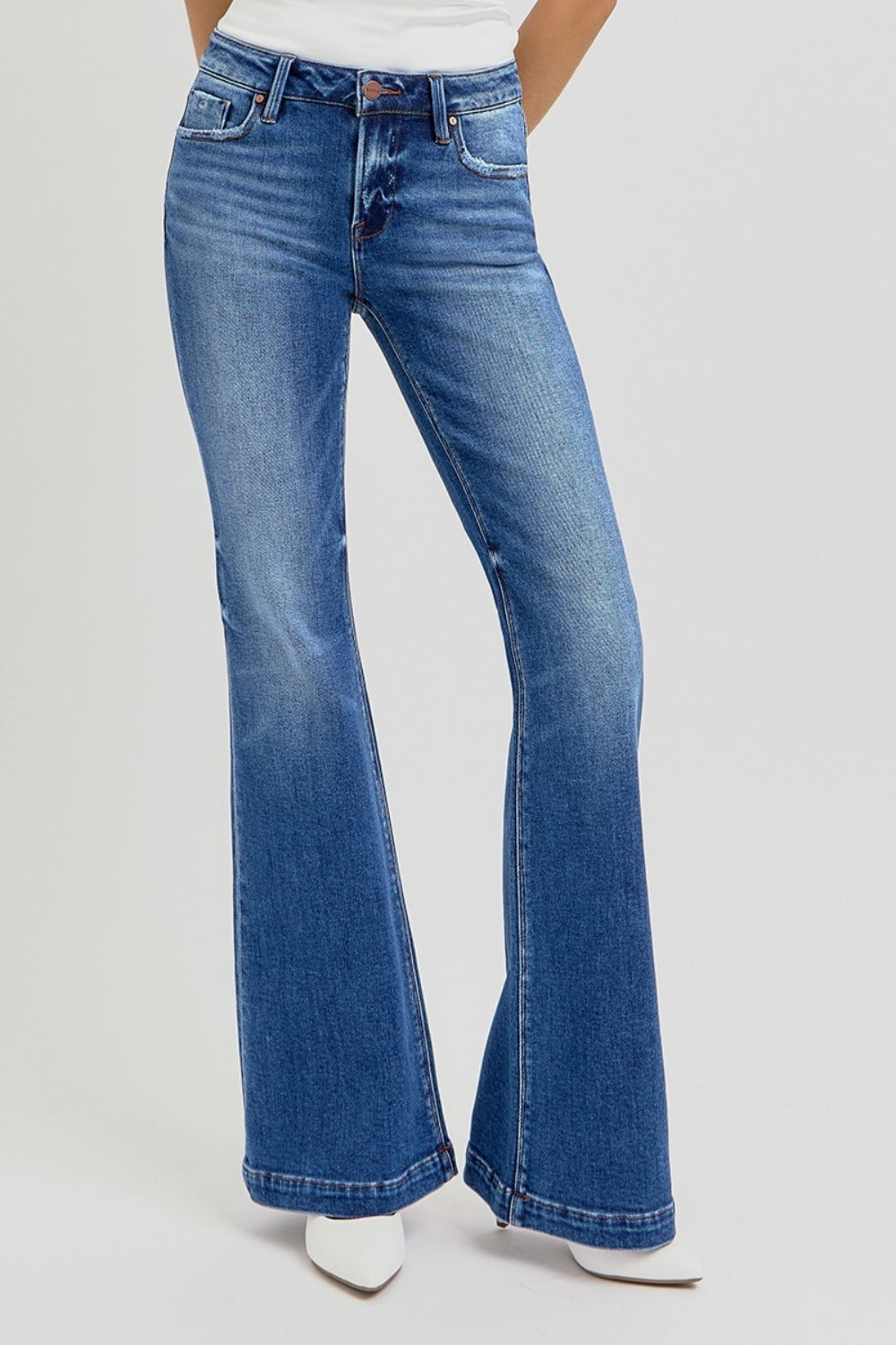 RISEN Full Size Low Rise Flare Jeans with Pockets - Folded Express