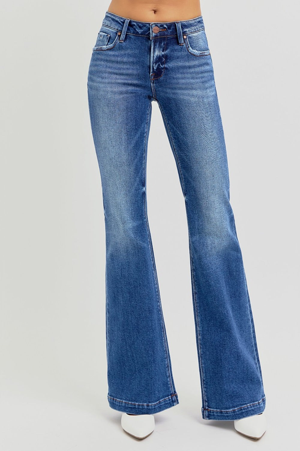 RISEN Full Size Low Rise Flare Jeans with Pockets - Folded Express