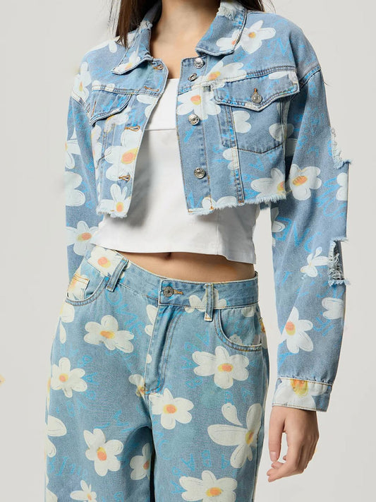 Distressed Raw Hem Floral Collared Neck Denim Top - Folded Express